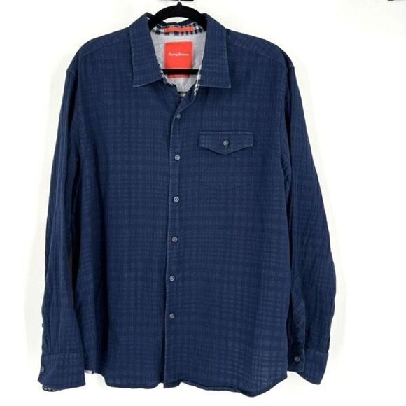 Tommy Bahama Men's Island Modern Fit Plaid Button Down Shirt Navy Blue Size XL - Picture 1 of 10